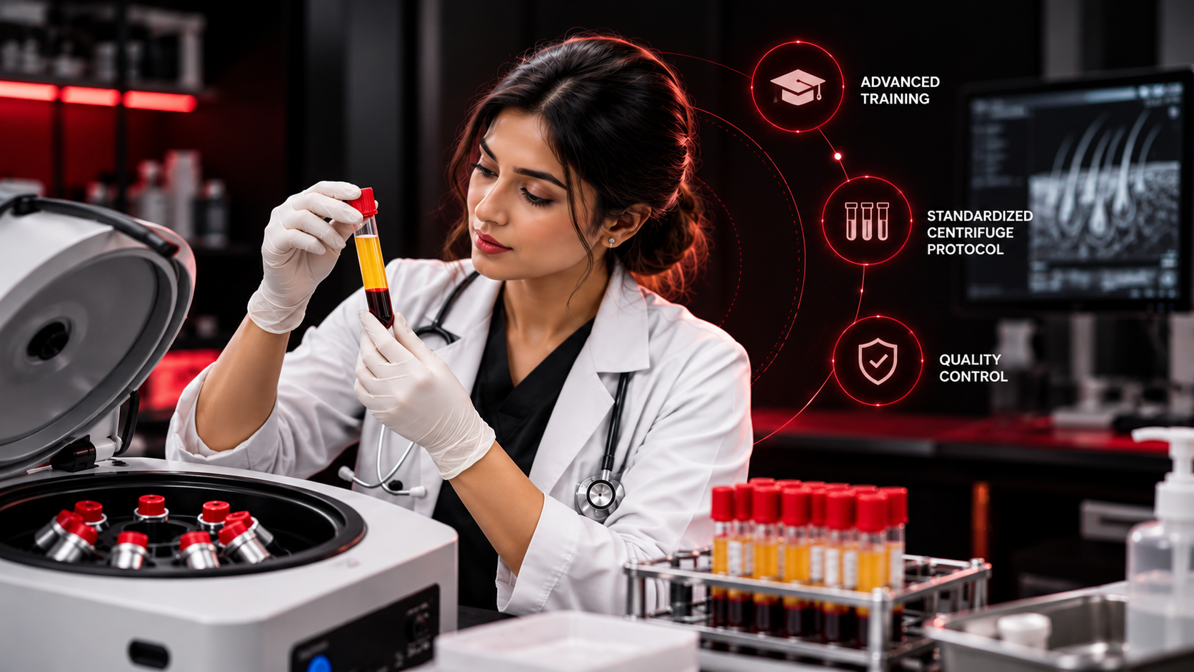Doctor preparing PRP samples using laboratory equipment at PlasmaXpert