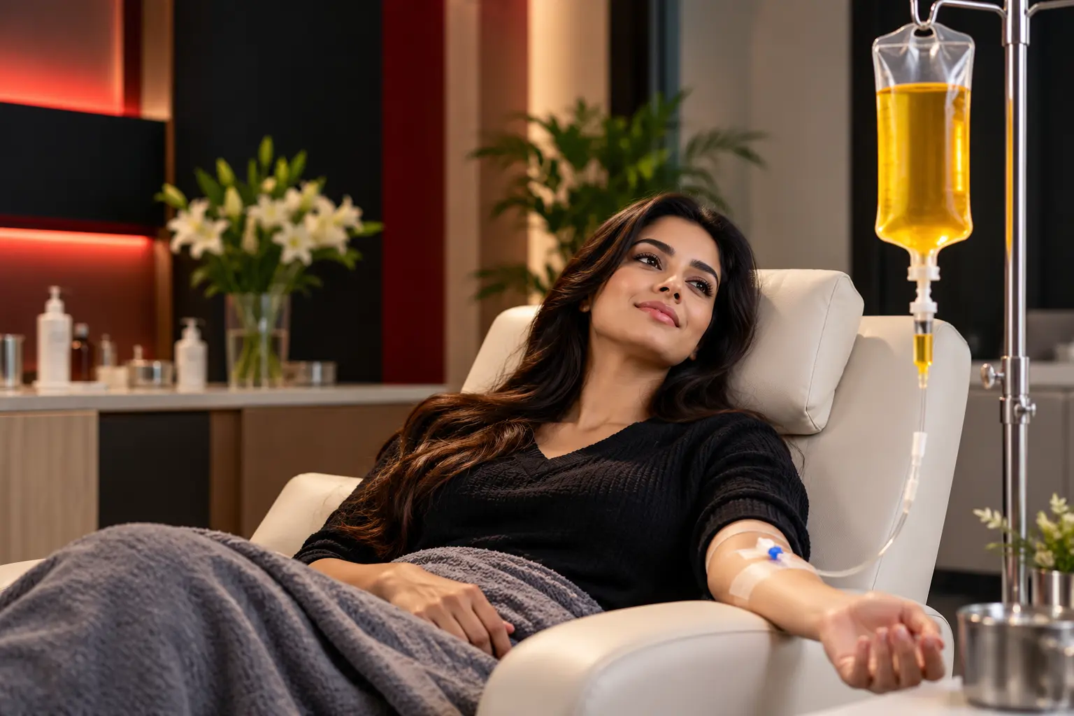 Woman receiving an intravenous nutrient infusion in a clinical setting
